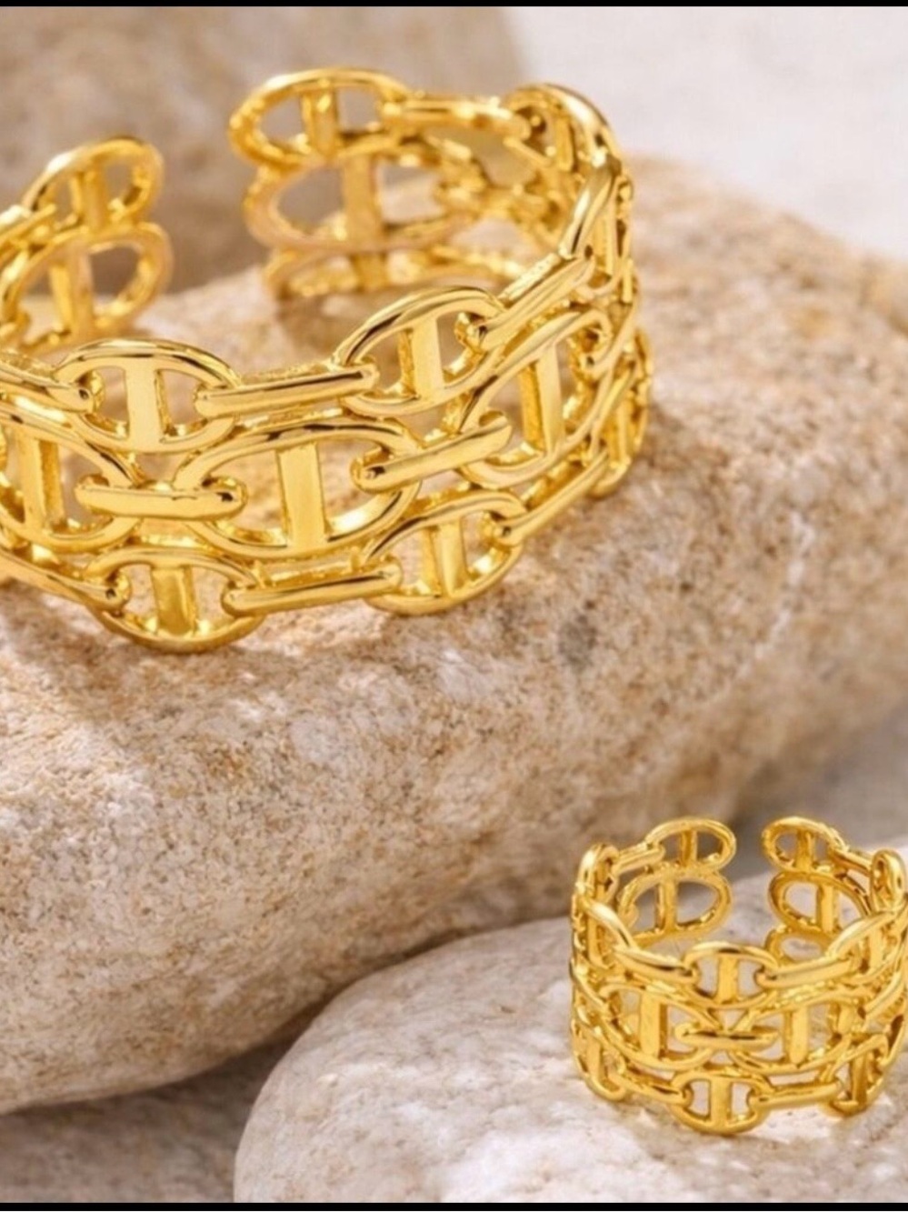 Gold Mariner PigNose Link Chain Open Cuff Bangle Ring Bracelet Set